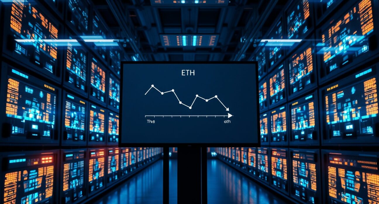 Data center monitors showing a declining Ethereum balance chart on Binance.