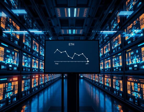 Data center monitors showing a declining Ethereum balance chart on Binance.
