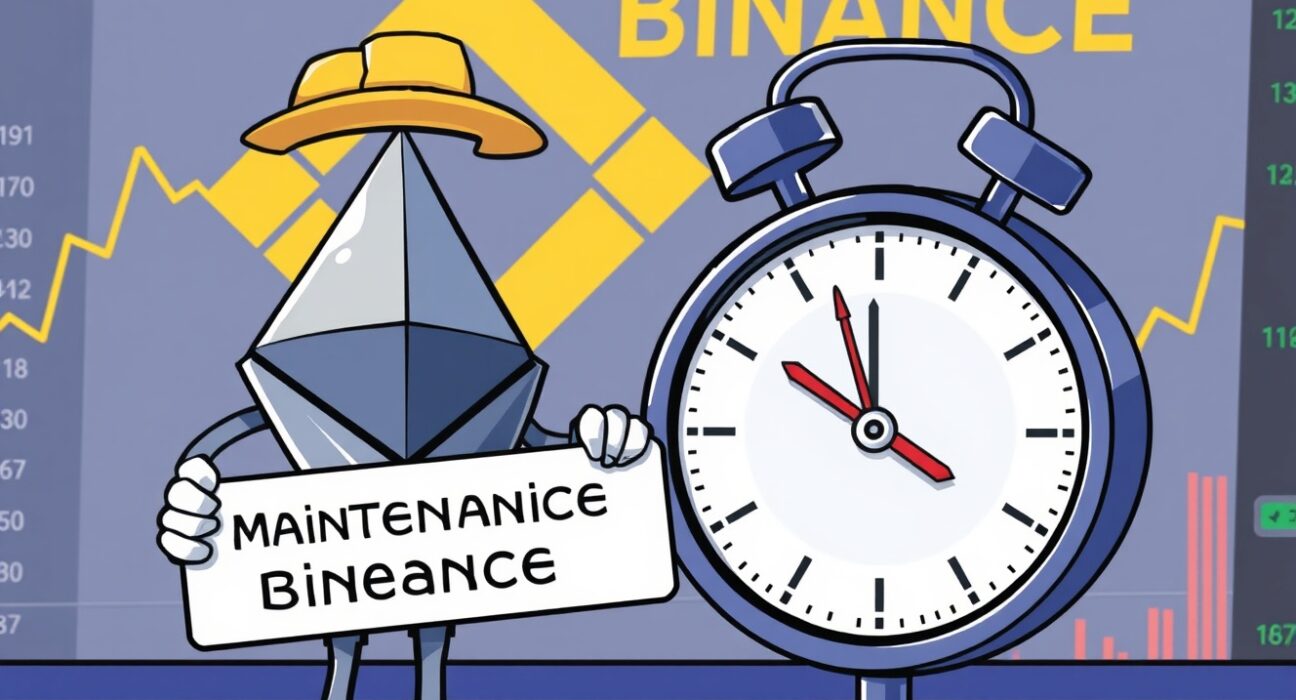 Cartoon illustration of Ethereum logo undergoing maintenance for the Binance ETH suspension.