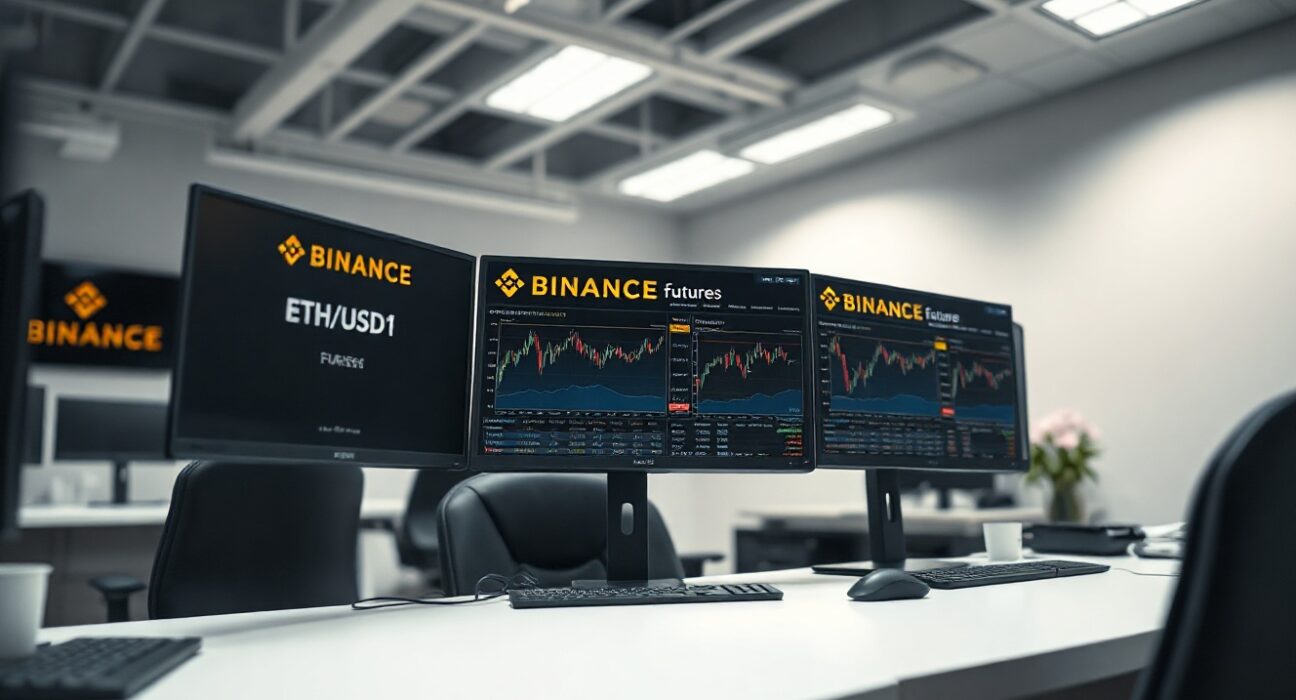 Professional trading desk with Binance ETH/USD1 perpetual futures interface on monitors
