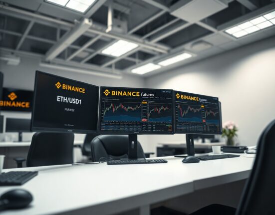 Professional trading desk with Binance ETH/USD1 perpetual futures interface on monitors