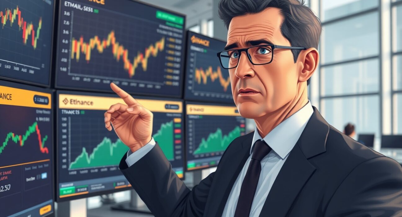 Financial analyst examines Binance ETH volume data showing sharp decline in cryptocurrency trading activity