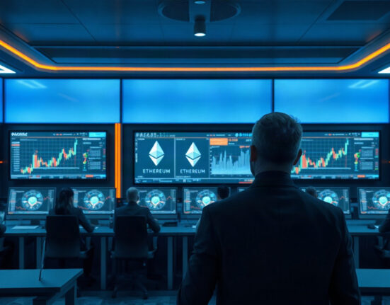 Binance exchange control room with Ethereum network monitoring screens during scheduled maintenance