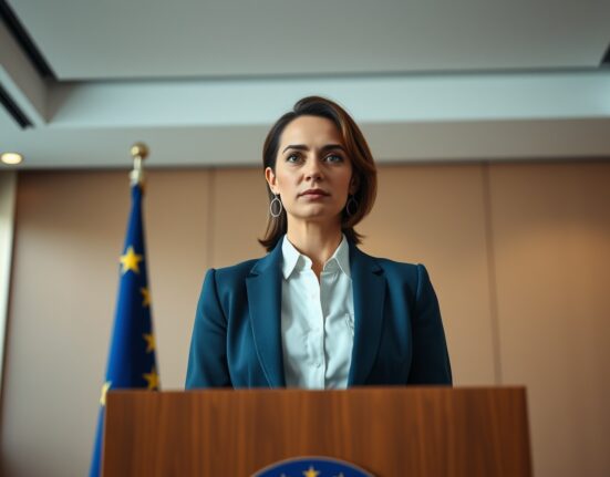 Gillian Lynch, Binance Head of Europe, speaking at a press conference with EU flag and digital network backdrop.