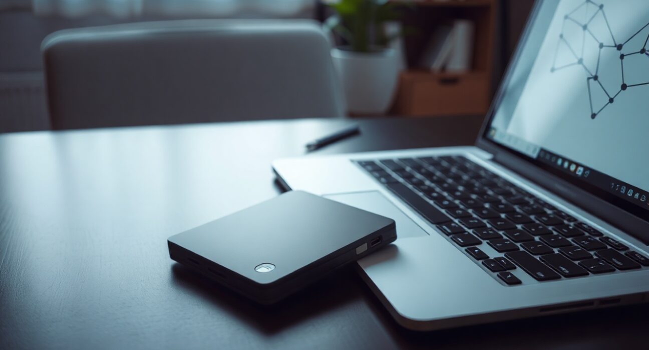 Hardware cryptocurrency wallet on a desk next to a laptop, symbolizing digital asset security.