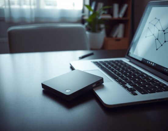 Hardware cryptocurrency wallet on a desk next to a laptop, symbolizing digital asset security.