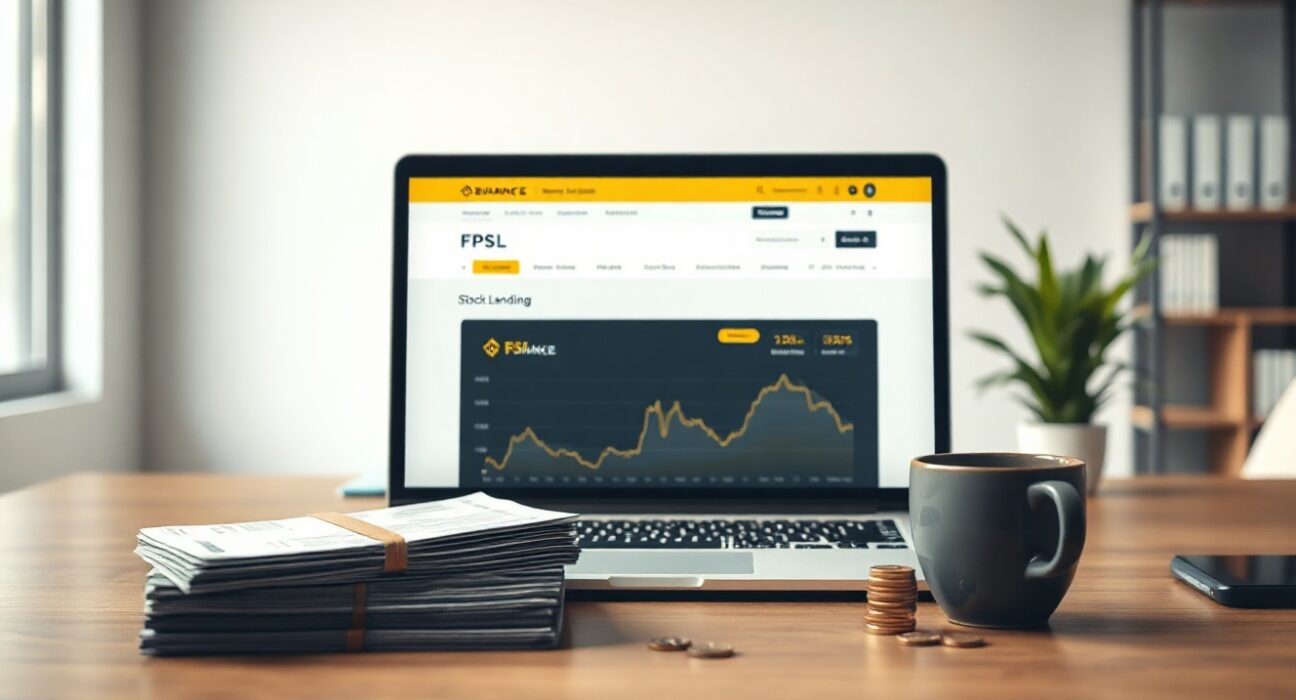 Binance FPSL stock lending service launch on laptop screen with stock certificates and coins on desk