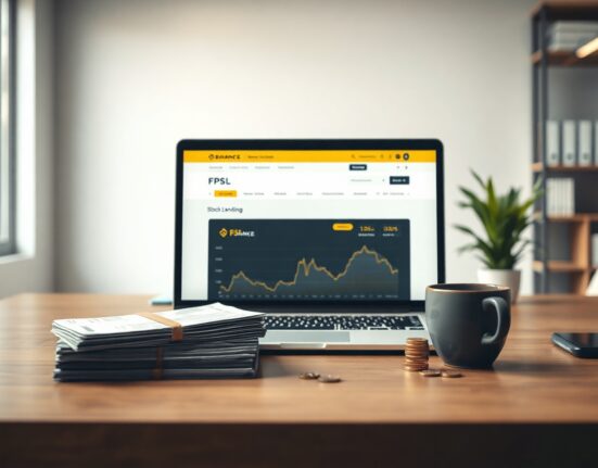 Binance FPSL stock lending service launch on laptop screen with stock certificates and coins on desk