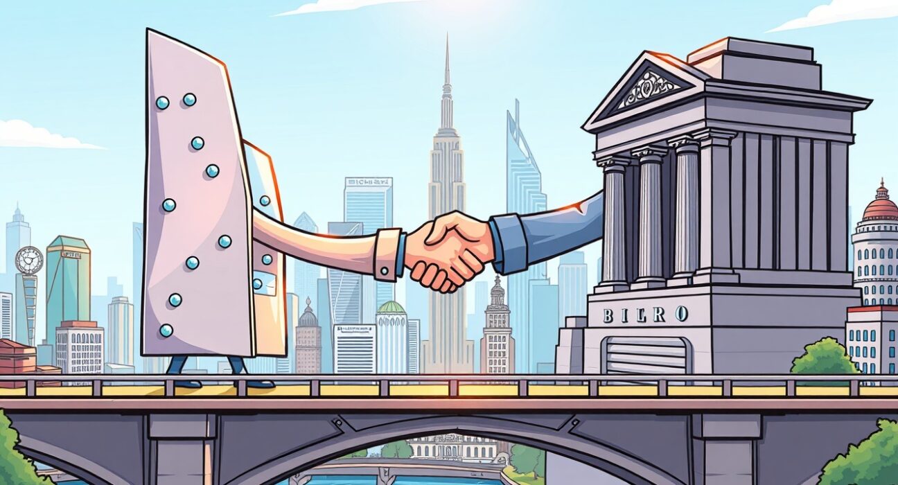 Cartoon illustration of a groundbreaking Binance Franklin Templeton partnership, symbolizing the merger of crypto and traditional finance for digital assets.