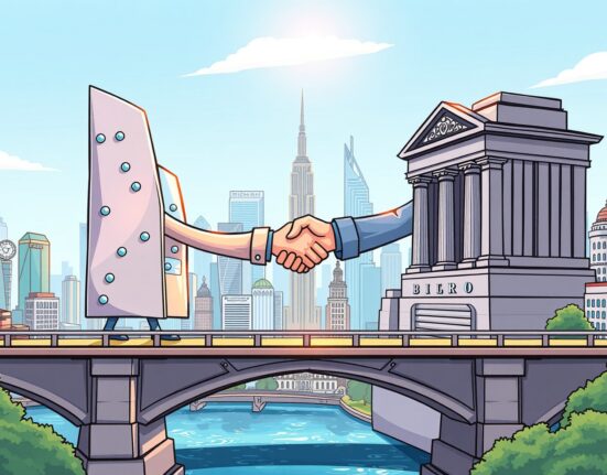 Cartoon illustration of a groundbreaking Binance Franklin Templeton partnership, symbolizing the merger of crypto and traditional finance for digital assets.