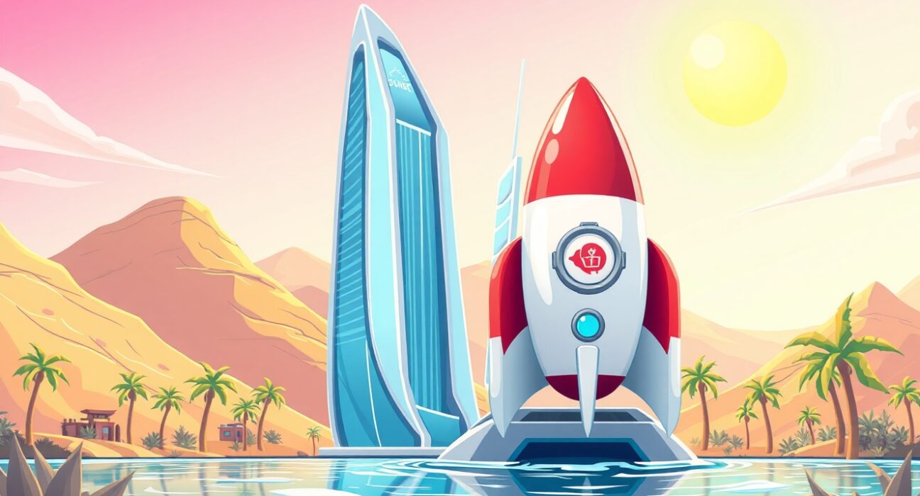 Binance Abu Dhabi license triumph depicted as a rocket integrating with a secure financial hub.