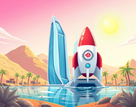 Binance Abu Dhabi license triumph depicted as a rocket integrating with a secure financial hub.