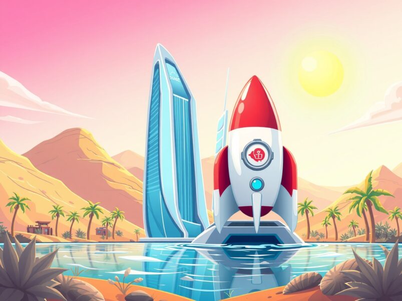 Binance Abu Dhabi license triumph depicted as a rocket integrating with a secure financial hub.