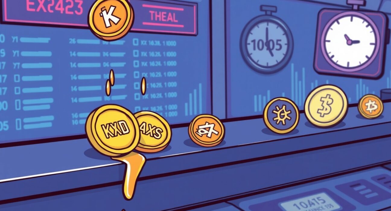 A cartoon showing KDA, AXS, THETA coins being delisted from a Binance perpetual futures platform, highlighting the impact.