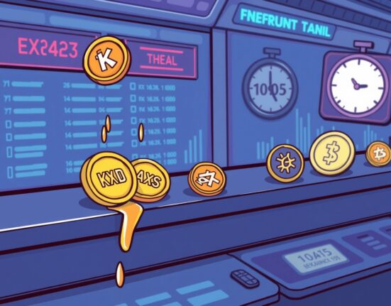 A cartoon showing KDA, AXS, THETA coins being delisted from a Binance perpetual futures platform, highlighting the impact.