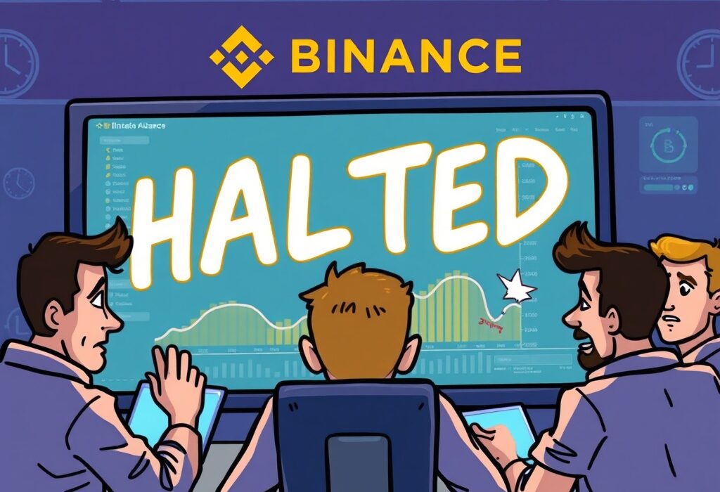 Illustration of a disrupted trading screen with a 'HALTED' sign, representing the abrupt Binance futures halt and its impact on traders.
