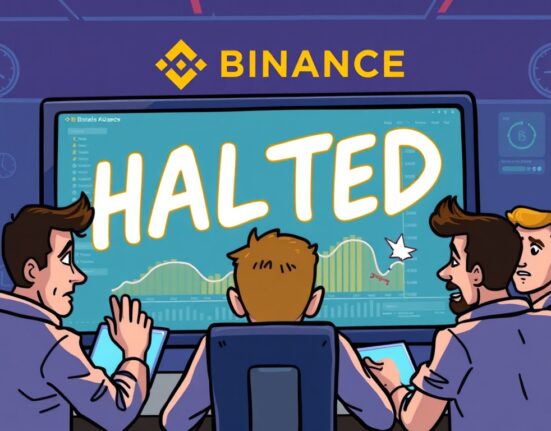 Illustration of a disrupted trading screen with a 'HALTED' sign, representing the abrupt Binance futures halt and its impact on traders.