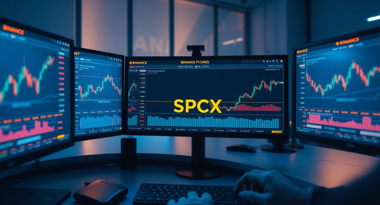 Binance Futures trading interface showing SPCX/USDT perpetual contract on multiple monitors in a professional trading environment.