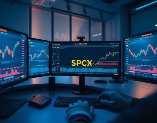 Binance Futures trading interface showing SPCX/USDT perpetual contract on multiple monitors in a professional trading environment.