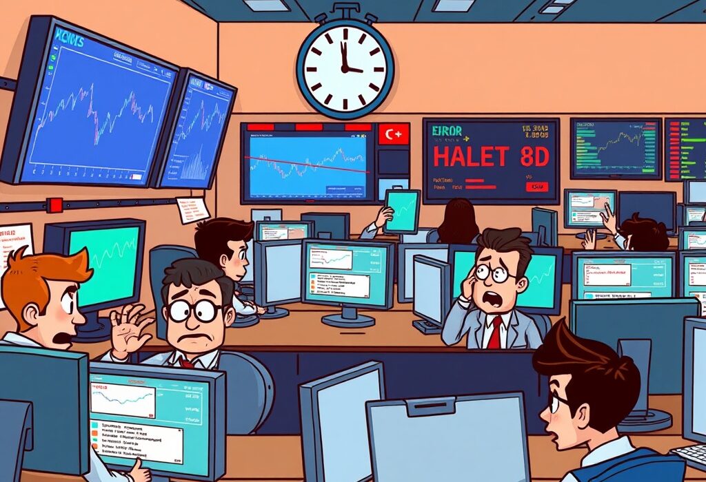 Cartoon illustration of traders reacting to a sudden halt in Binance futures trading, emphasizing market disruption and uncertainty.