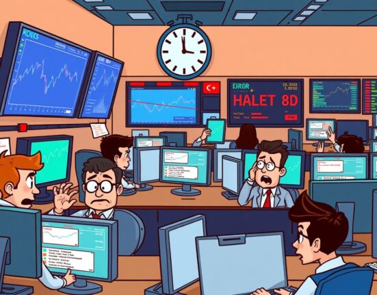 Cartoon illustration of traders reacting to a sudden halt in Binance futures trading, emphasizing market disruption and uncertainty.