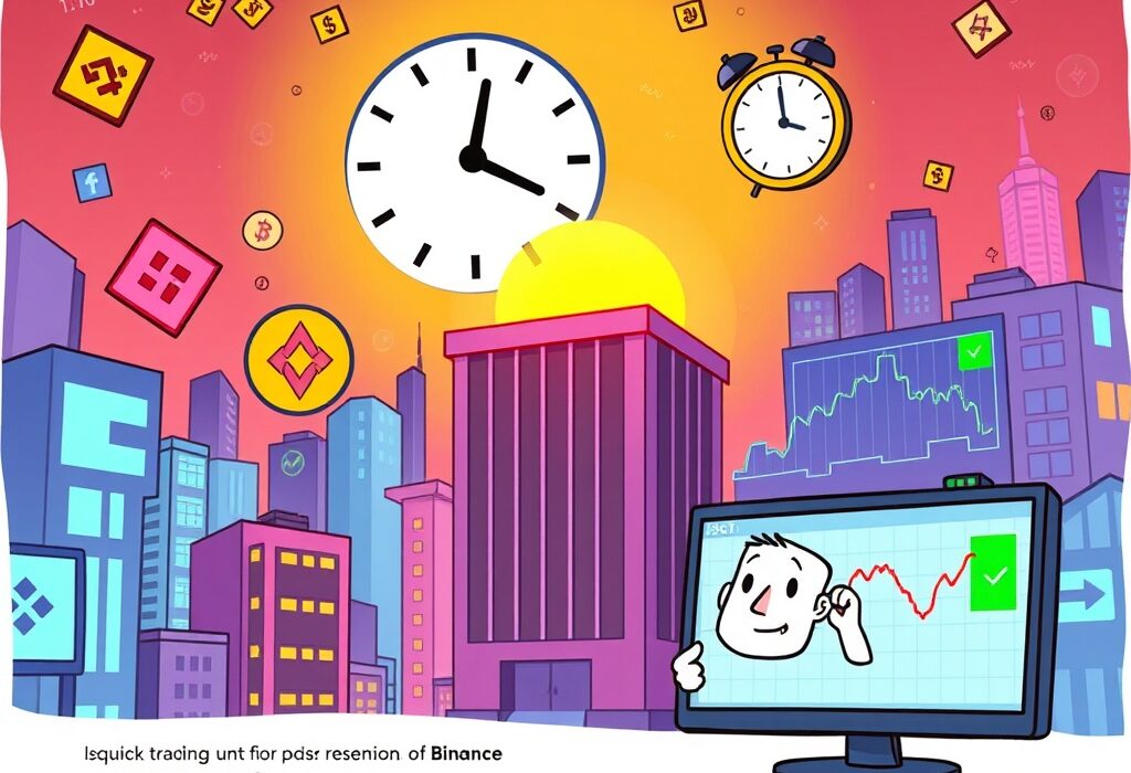 A cartoon image illustrating the swift resumption of Binance futures trading, showing market stability returning after a brief interruption.