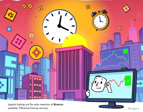A cartoon image illustrating the swift resumption of Binance futures trading, showing market stability returning after a brief interruption.