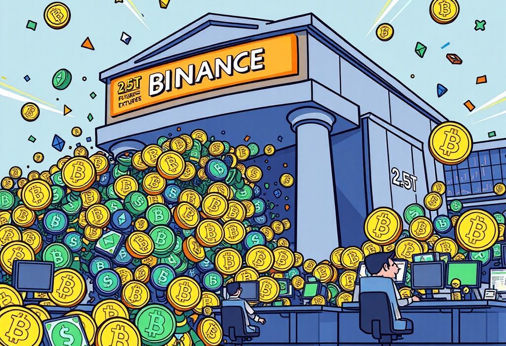 Cartoon illustration showing the massive $2.55 trillion Binance Futures trading volume in July, indicating significant market activity.
