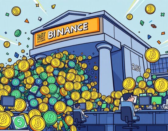 Cartoon illustration showing the massive $2.55 trillion Binance Futures trading volume in July, indicating significant market activity.