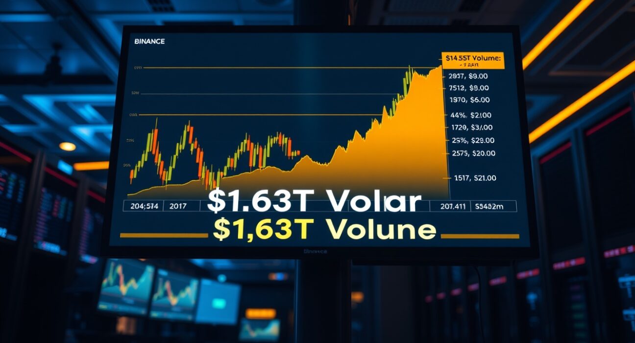 Digital trading screens showing Binance futures volume spike and Bitcoin chart