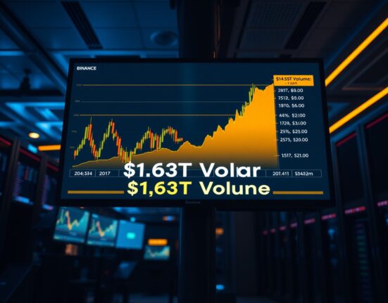 Digital trading screens showing Binance futures volume spike and Bitcoin chart
