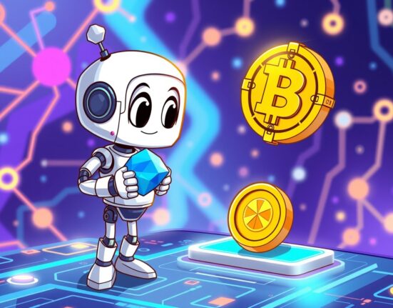 A cartoon illustration of the FXS token swap process on a digital exchange, symbolizing upgrade and migration.