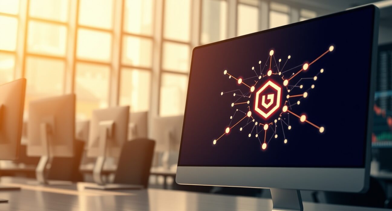 Professional workspace with monitor displaying Gensyn blockchain network visualization for Binance HODLer airdrop announcement