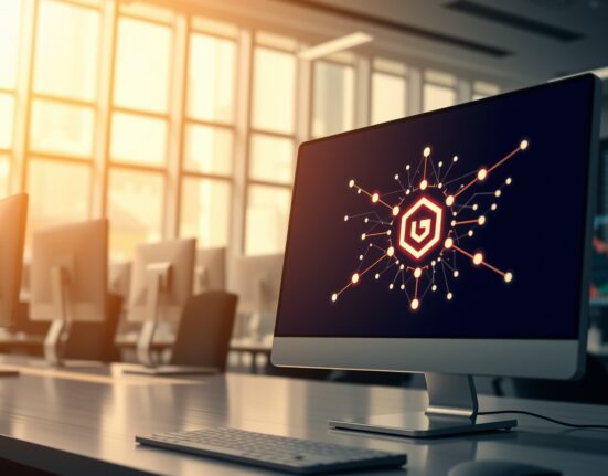 Professional workspace with monitor displaying Gensyn blockchain network visualization for Binance HODLer airdrop announcement