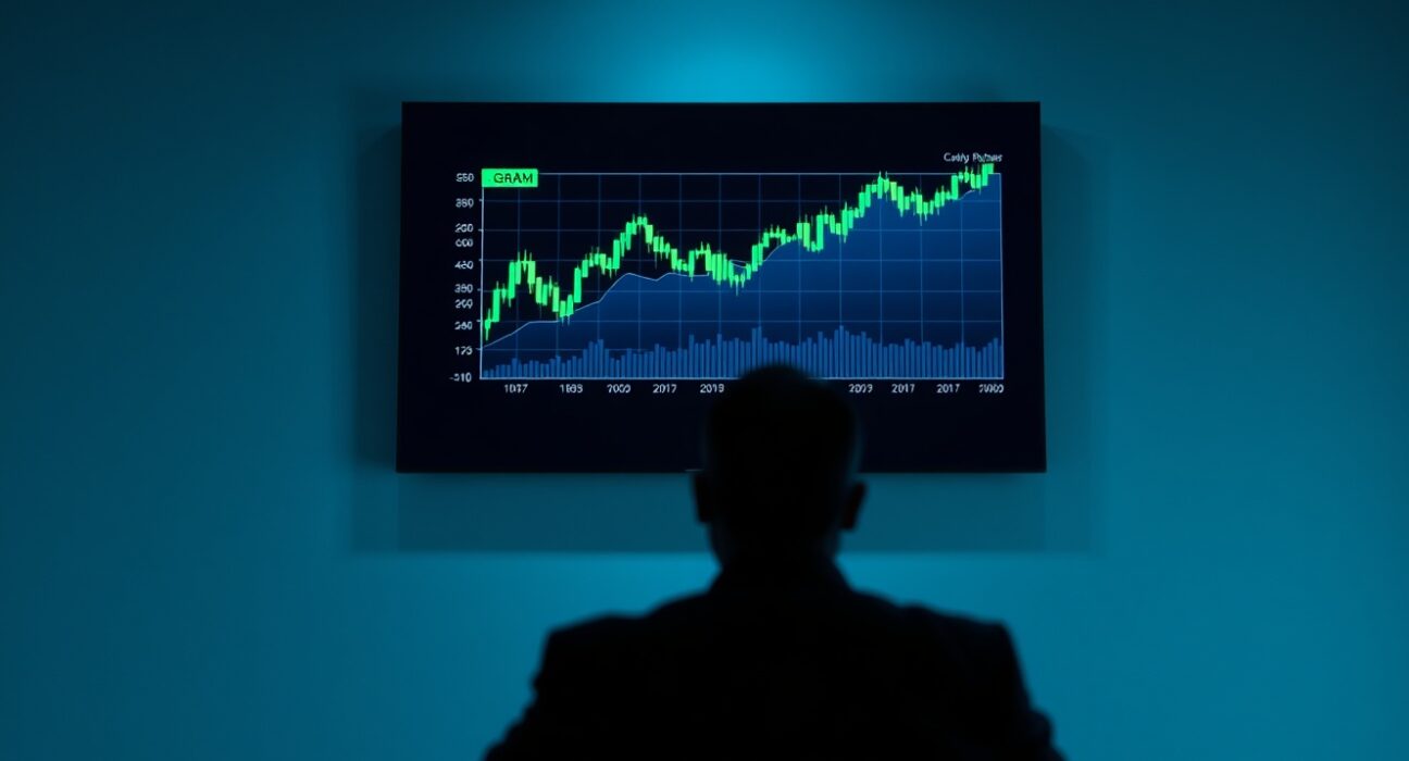 Trading desk monitor showing GRAM futures chart with upward trend in a professional office setting