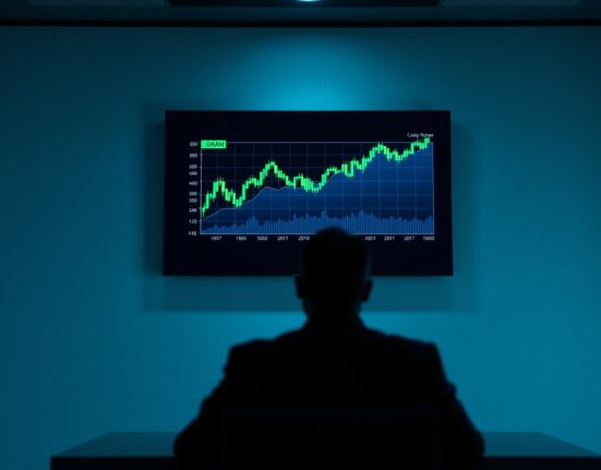 Trading desk monitor showing GRAM futures chart with upward trend in a professional office setting