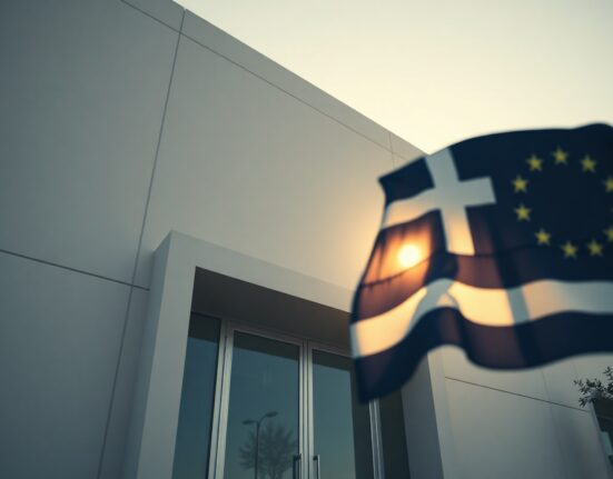 Modern office building in Athens, Greece, with Greek flag in foreground, symbolizing regulatory decision