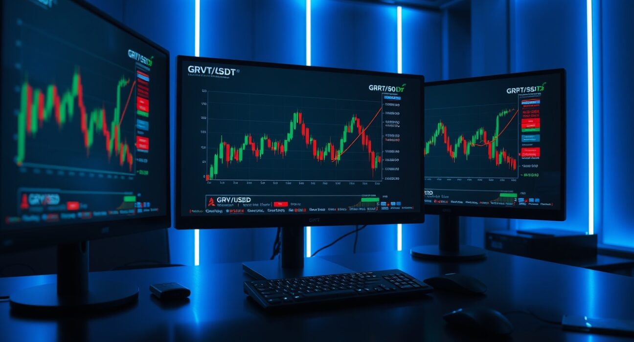 Cryptocurrency trading screens displaying GRVT/USDT perpetual futures charts with 10x leverage on a professional trading desk