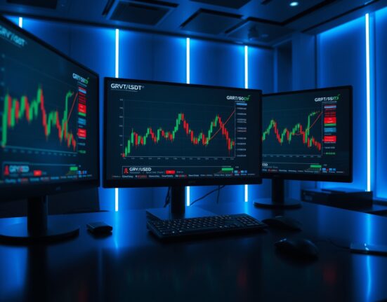 Cryptocurrency trading screens displaying GRVT/USDT perpetual futures charts with 10x leverage on a professional trading desk