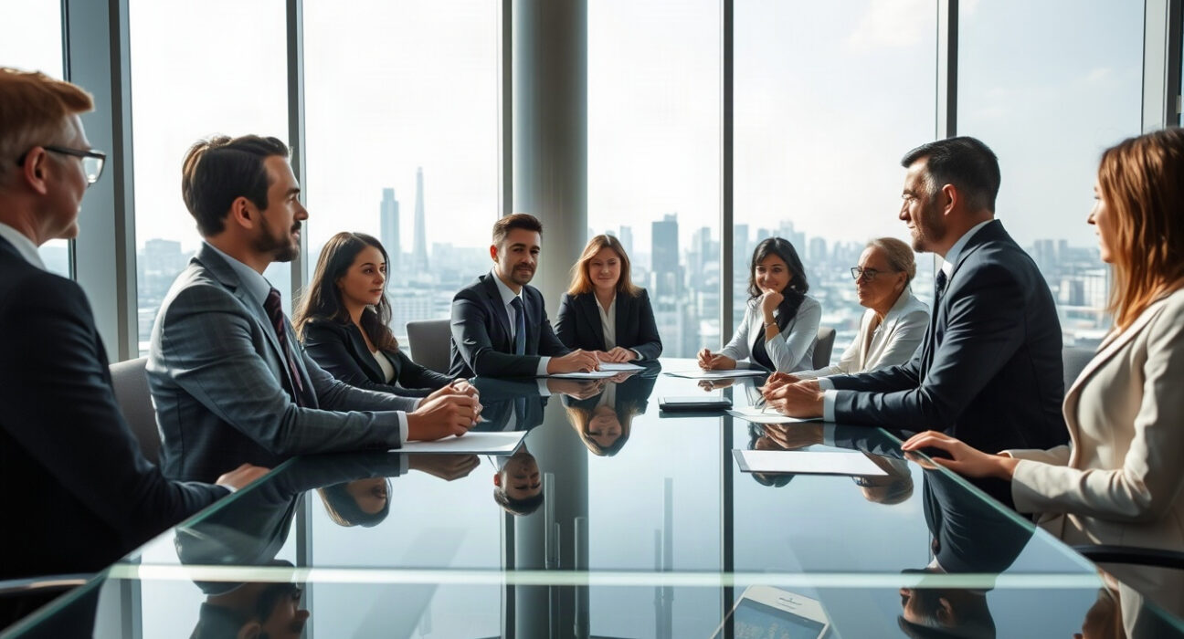 Binance compliance team meeting in modern office with executives discussing regulatory strategy