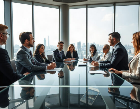 Binance compliance team meeting in modern office with executives discussing regulatory strategy