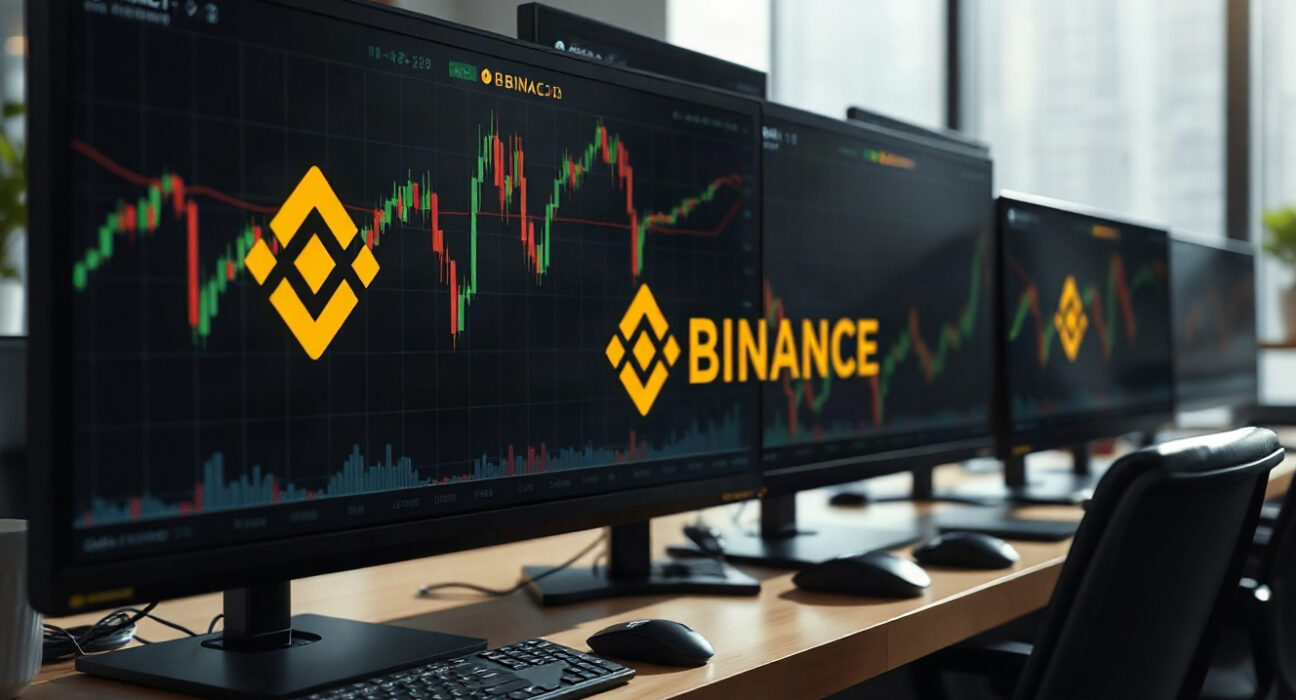 Binance trading interface on a monitor showing cryptocurrency charts