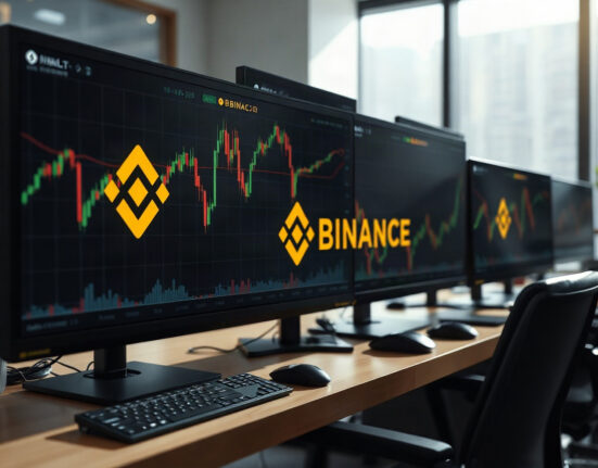 Binance trading interface on a monitor showing cryptocurrency charts