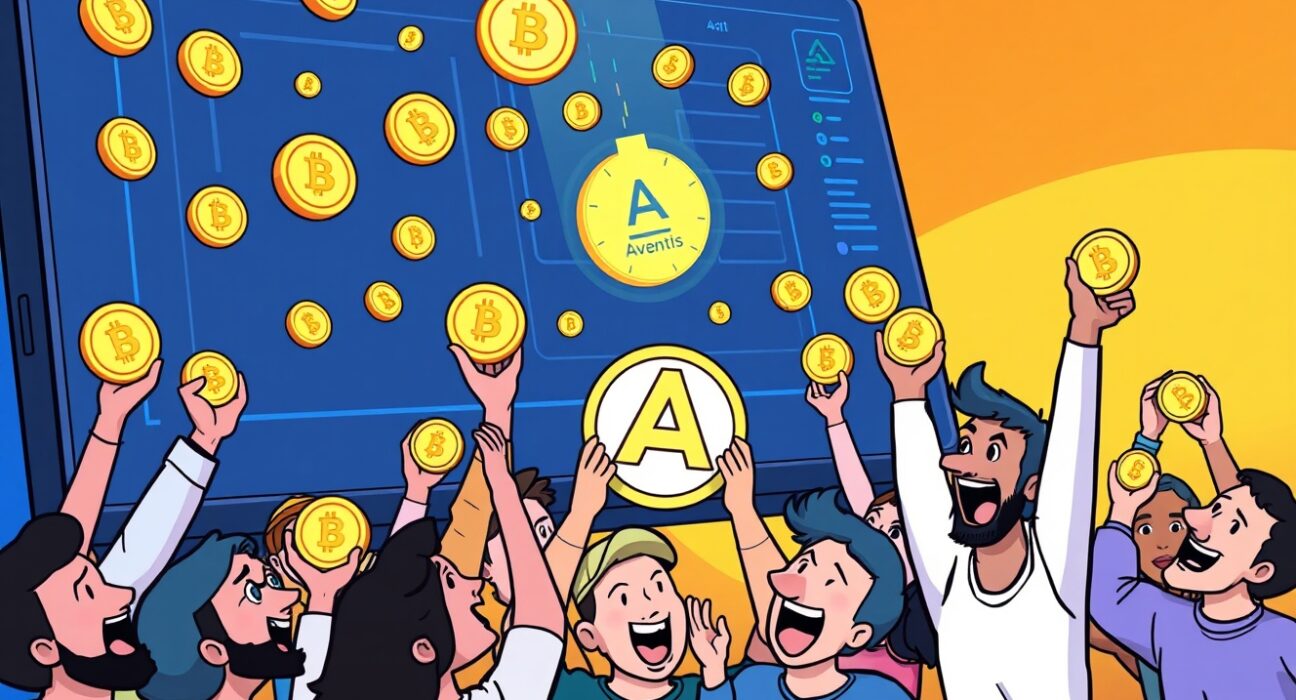 Excited crypto users celebrating a digital coin shower, symbolizing the latest Binance Hodler Airdrop featuring Avantis (AVNT).
