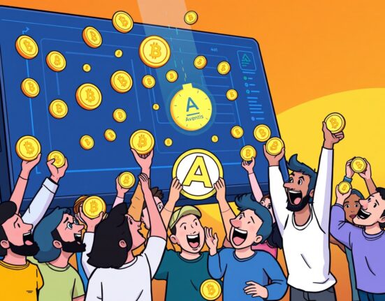 Excited crypto users celebrating a digital coin shower, symbolizing the latest Binance Hodler Airdrop featuring Avantis (AVNT).