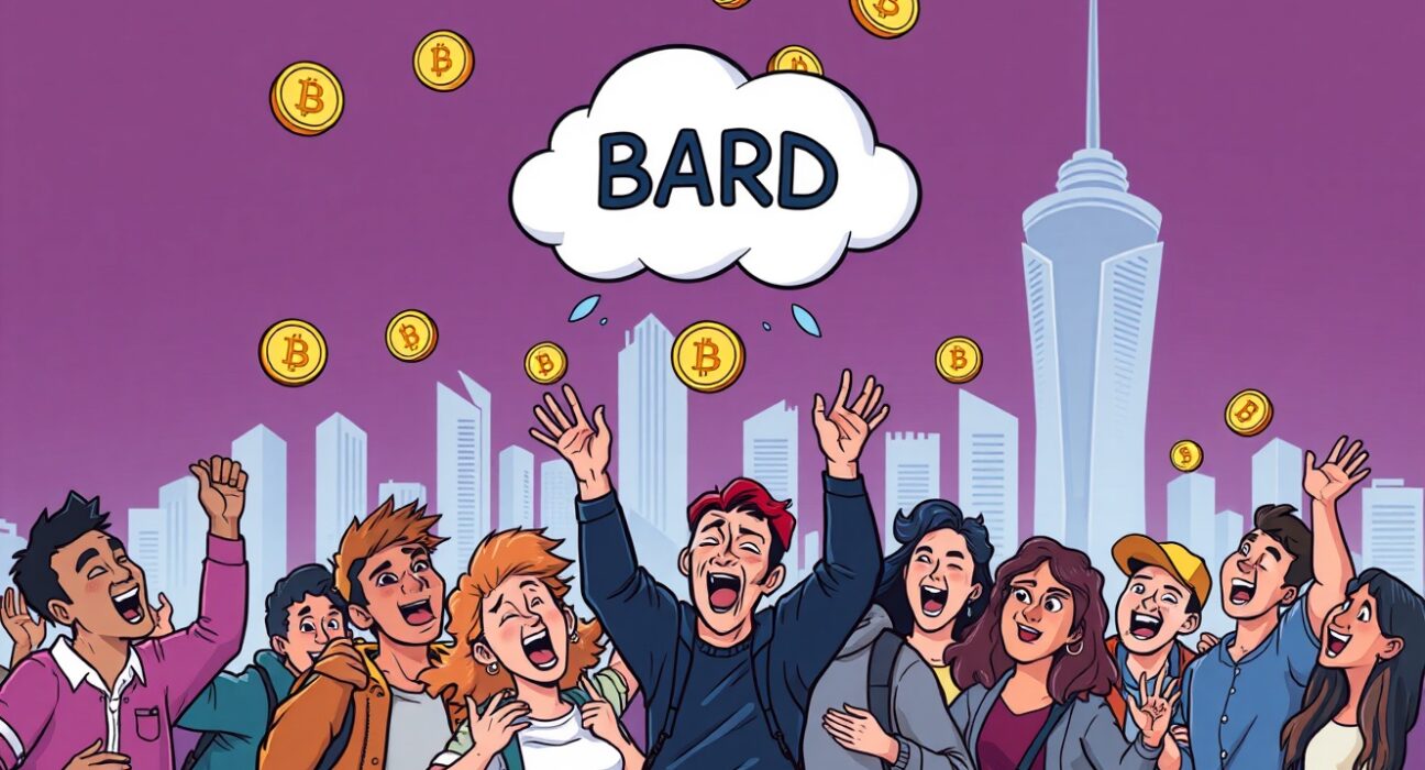 Cartoon illustration showing users celebrating the latest Binance Hodler Airdrop with BARD tokens.