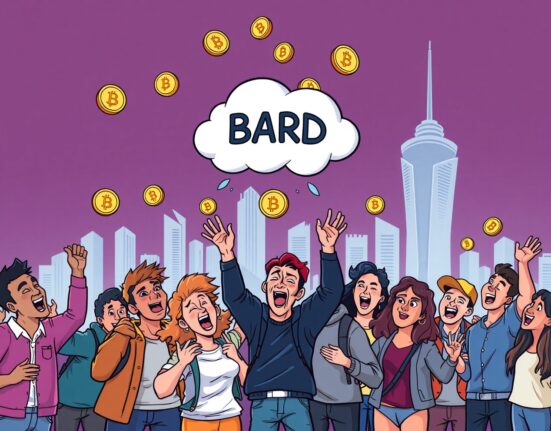Cartoon illustration showing users celebrating the latest Binance Hodler Airdrop with BARD tokens.