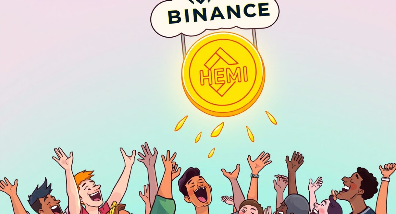 Vibrant cartoon illustrating the exciting moment HEMI joins the Binance Hodler Airdrop, symbolizing new opportunities for crypto enthusiasts.