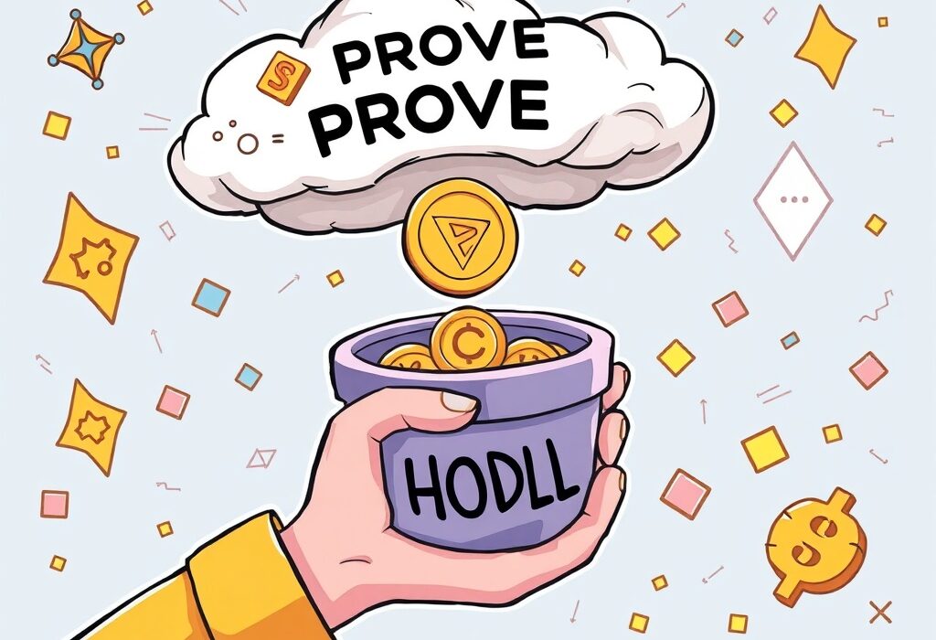 A vibrant cartoon illustration showing a PROVE crypto coin descending into a 'HODL' bucket, symbolizing the new Binance HODLer Airdrop addition.
