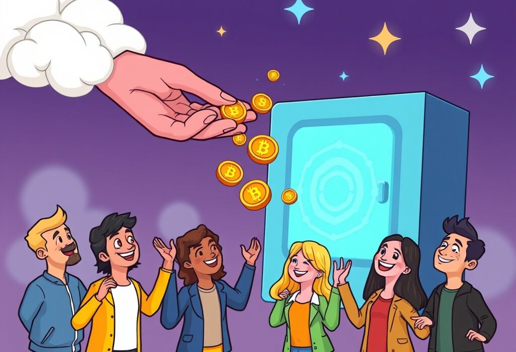 A cartoon illustration of a happy person receiving crypto tokens, symbolizing the exciting Binance HODLer Airdrop opportunity with TOWNS.